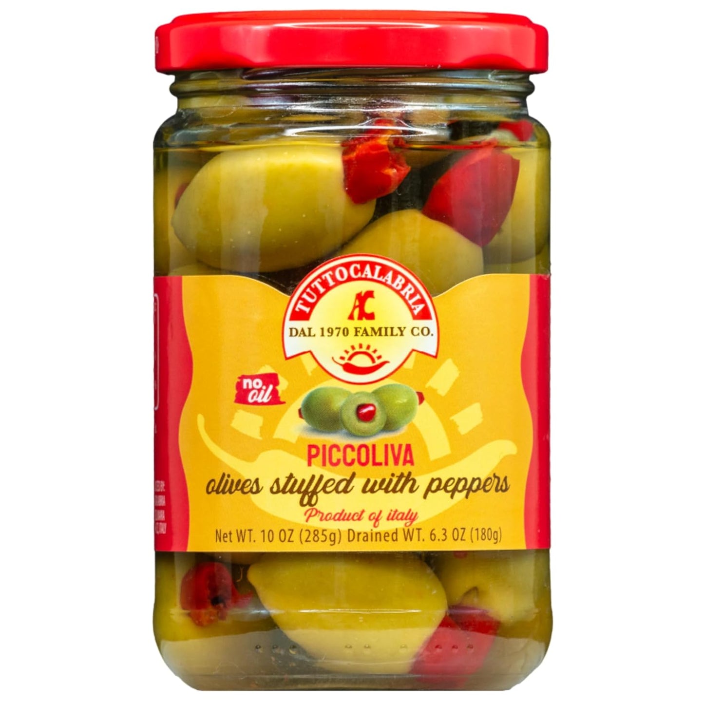 TuttoCalabria, PiccOliva Green Olives Stuffed with Whole Calabrian Chili Pepper, 10 oz (285 g)