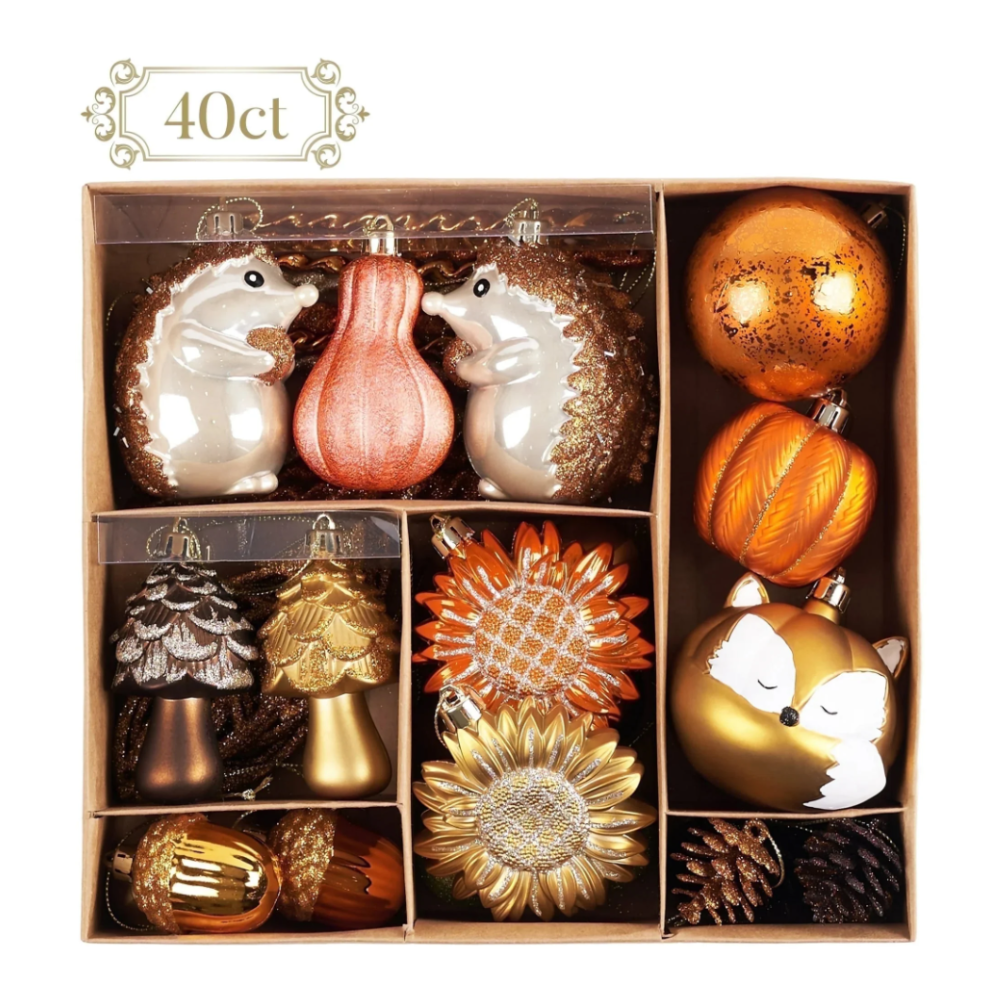 Fall Harvest Christmas Tree Ornaments Set, 40-Piece Autumn Woodland Ornaments