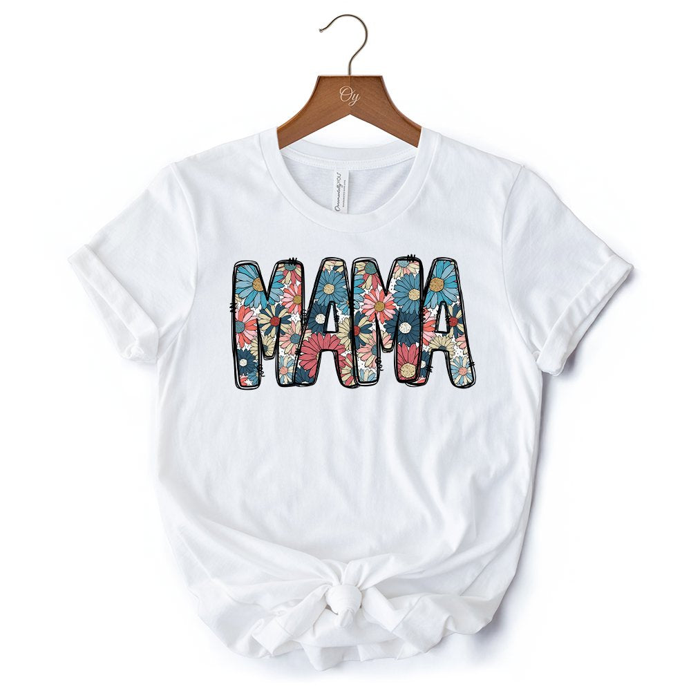 Daisy Floral Mama T-Shirt, Colorful Retro White Tee for Stylish and Cheerful Women
