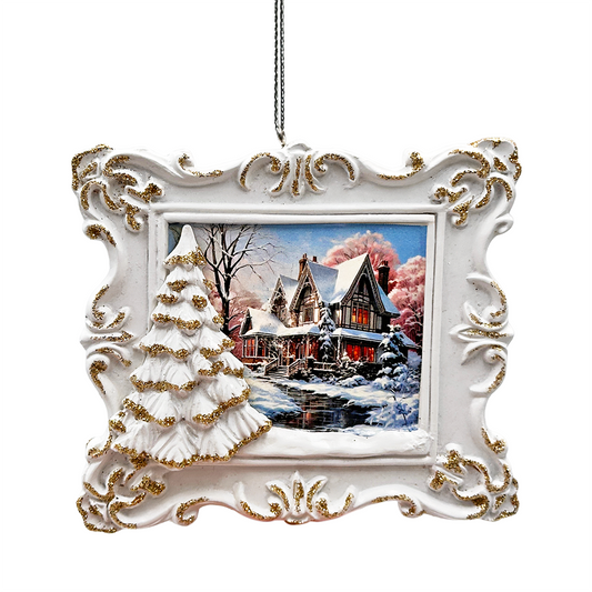 Elegant Winter Cottage Portrait Christmas Ornament, Artistic Painting Tree Decor