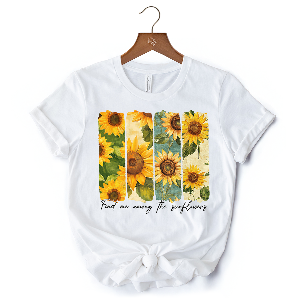 Find Me Among the Sunflowers T-Shirt, White and Natural Floral Tee for Trendy Women