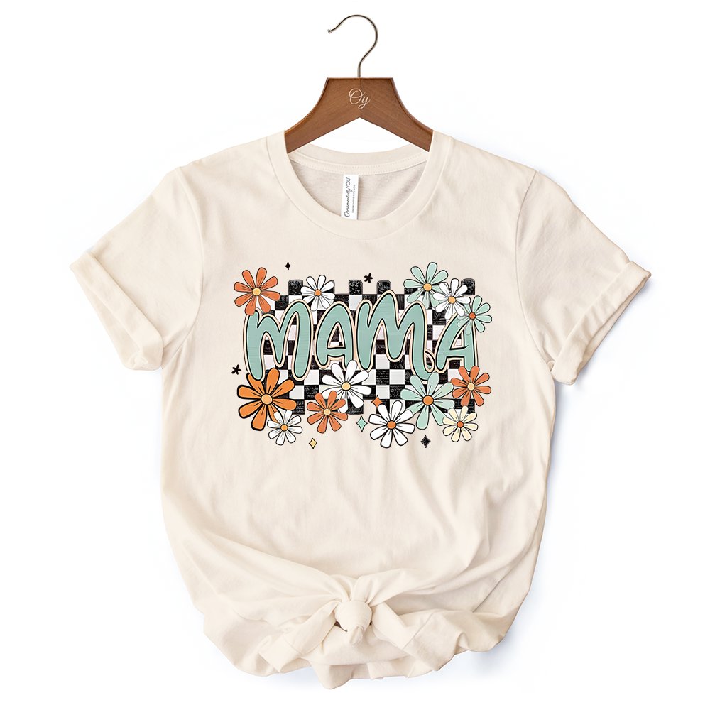 Floral Mama Checkered T-Shirt, White, Natural and Black Retro Tee for Stylish Mothers