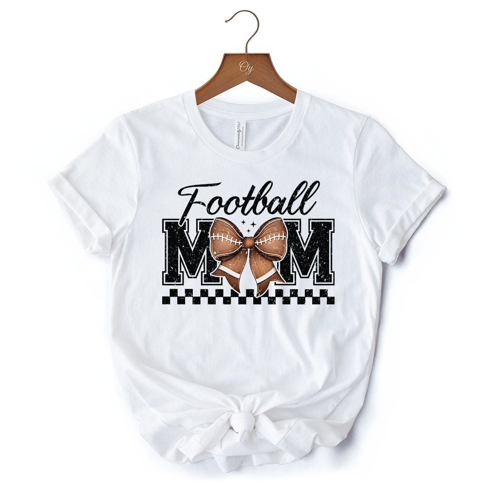 Football Mom Coquette Bow Retro T-Shirt, Stylish Game Day White Tee for Trendy and Proud Sports Mothers