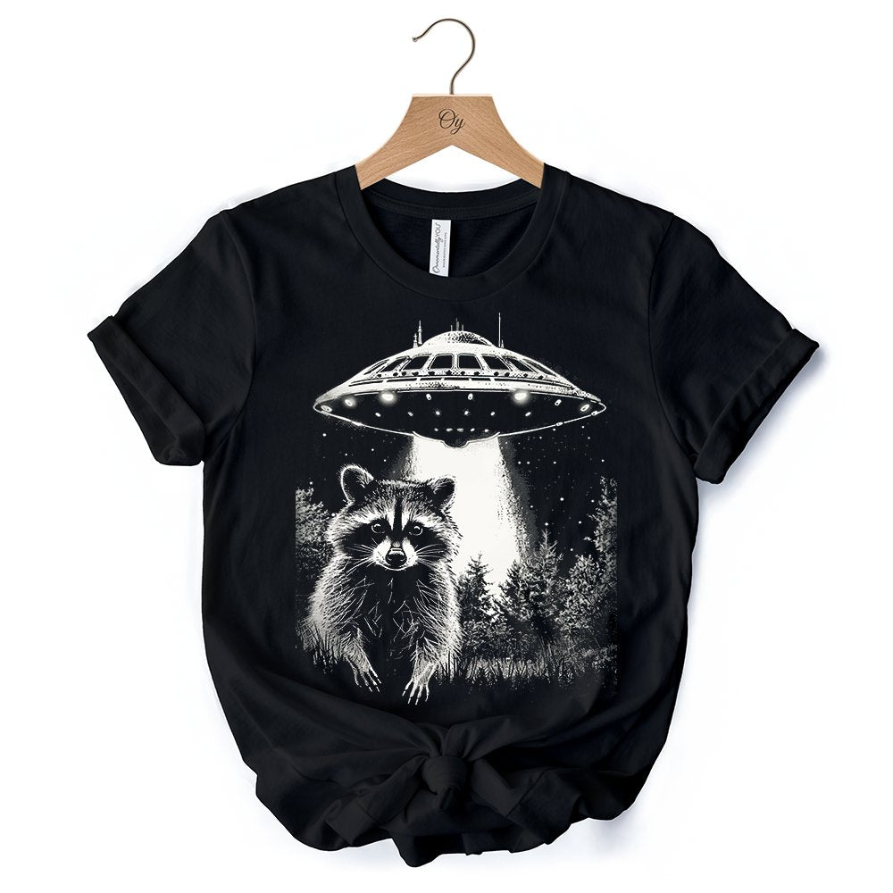Funny UFO Raccoon T-Shirt, Black Unisex Tee for Alien Enthusiasts