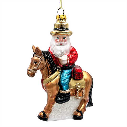 Hardy Wild Western Cowboy Santa Glass Christmas Ornament, Vintage Horse Ridin Farm Style Decor