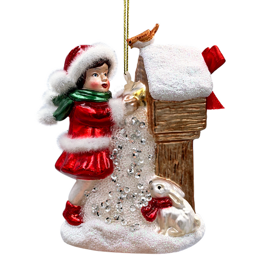 Quaint Little Winter Girl Feeding the Birds Glass Christmas Ornament, Cardinal Birdhouse Tree Decor