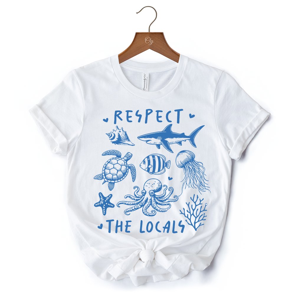 Respect the Locals Ocean Animals T-Shirt, Cute White and Natural Vacation Tee