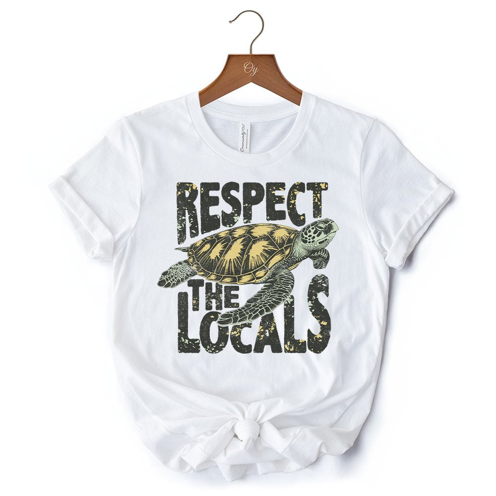 Respect the Locals Turtles T-Shirt, Retro Grunge White and Natural Tee for Ocean and Beach Lovers