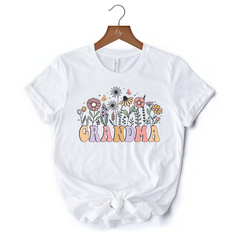 Retro Flowers Grandma T-Shirt, White Floral Tee Gift for Mothers Day