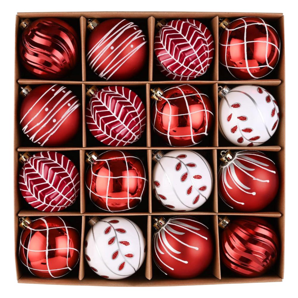 Festive Christmas Ball Set, 16 Ornaments with Varied and Refined Red Colors Packaged