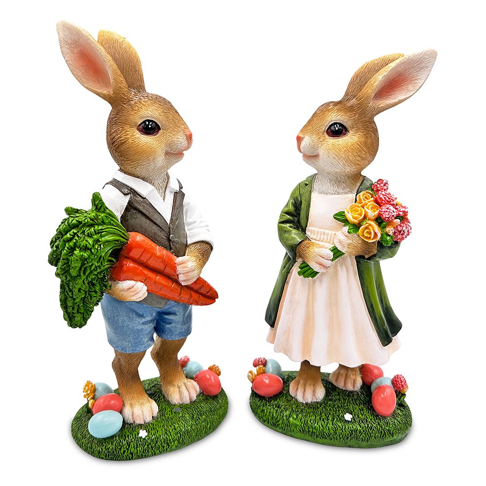 Harvest and Bloom Country Bunny Pair Figurine, 8" Rabbit Garden Statue Set
