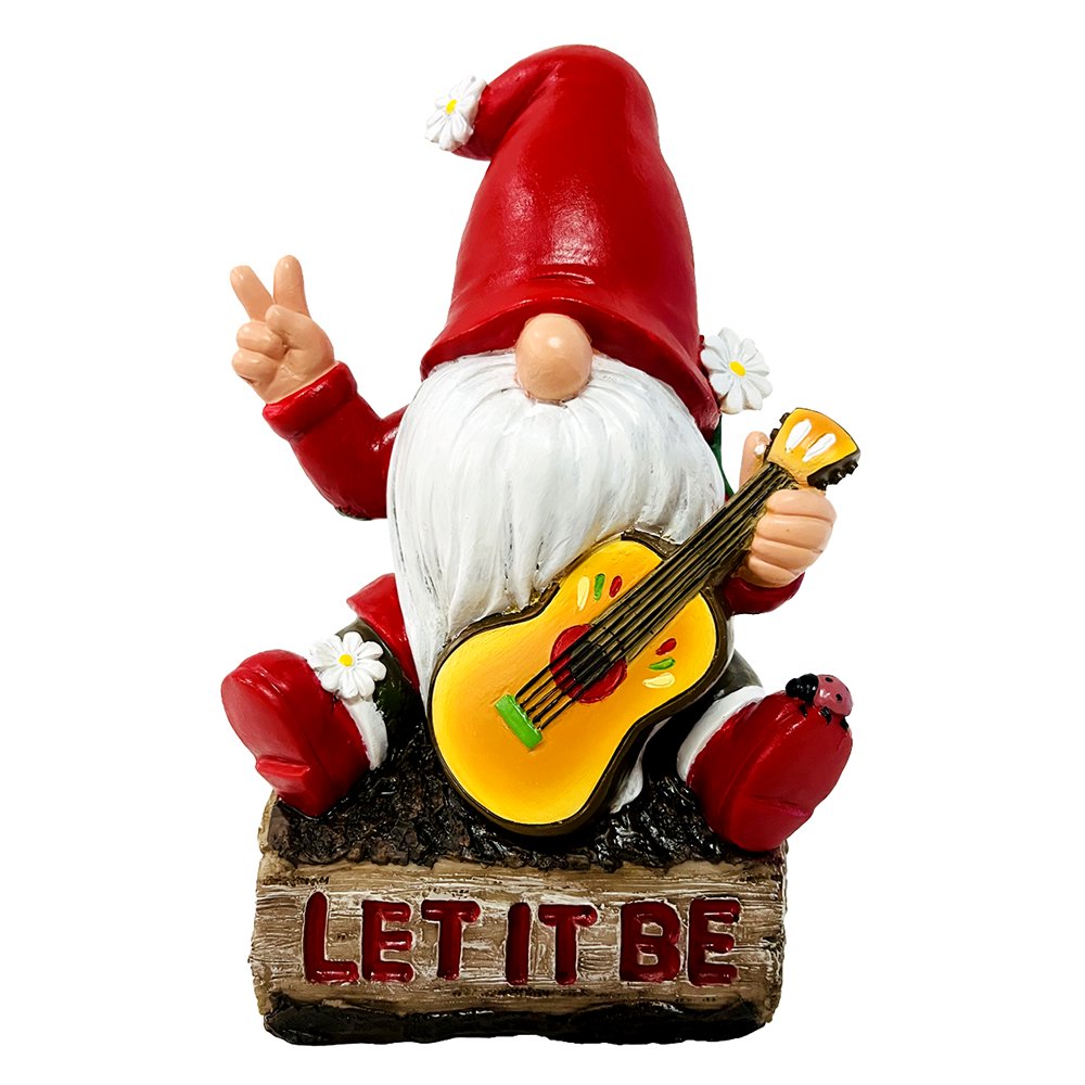Hippy Gnome with Guitar Garden Statue, Unique Flowers and Peace Sign