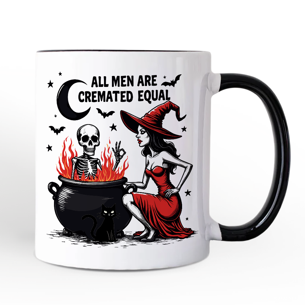All Men Are Cremated Equal Halloween Personalized Mug, Funny Witch Cauldron Gift with Custom Nam
