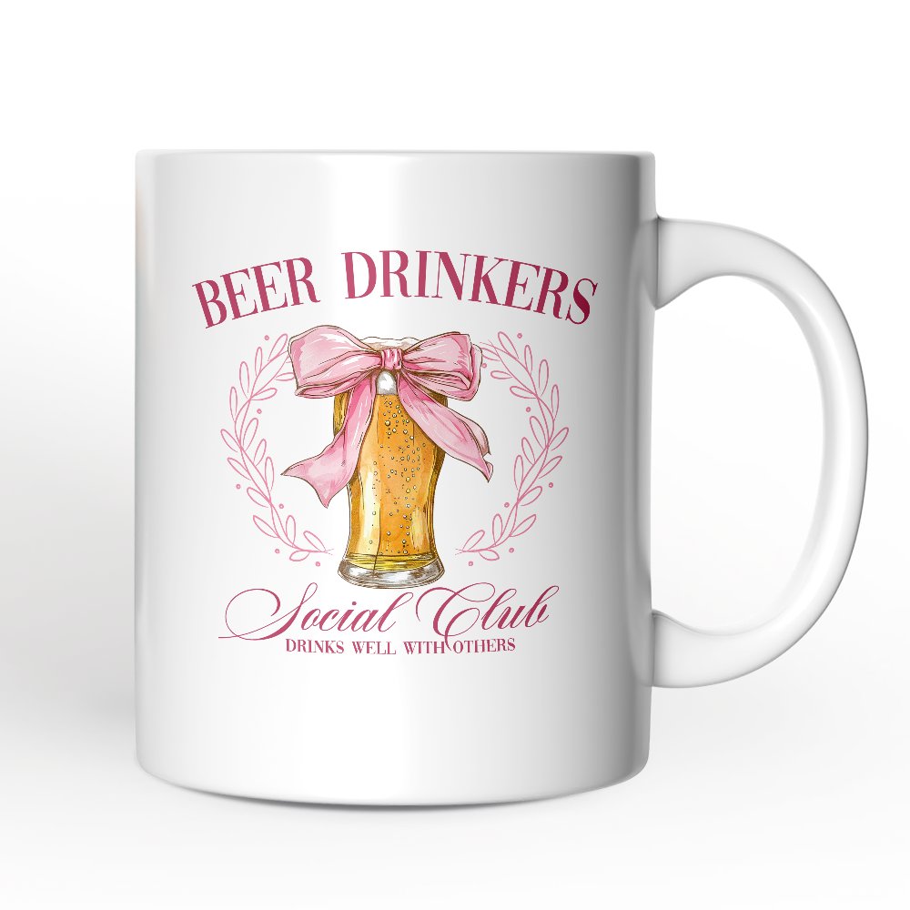 Beer Drinkers Social Club Personalized Mug, Coquette Pink Bow Gift with Custom Name for Girly Summer Bachelorette Vibes