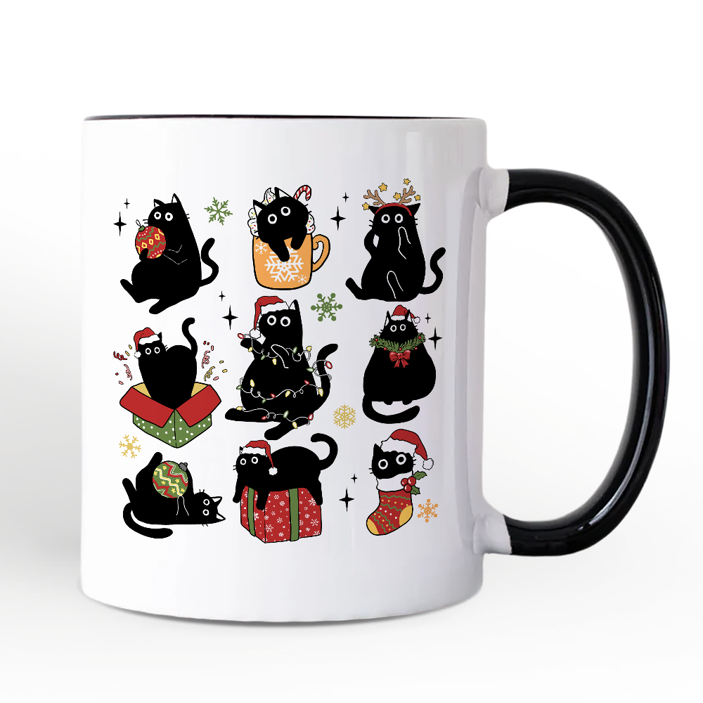 Christmas Black Cats Personalized Mug, Whimsical Cats with Santa Hat Gift with Custom Name