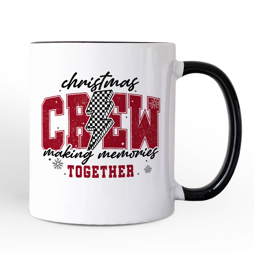 Christmas Crew Making Memories Together Personalized Mug, Checkered Lightning Retro Holiday Gift with Custom Name