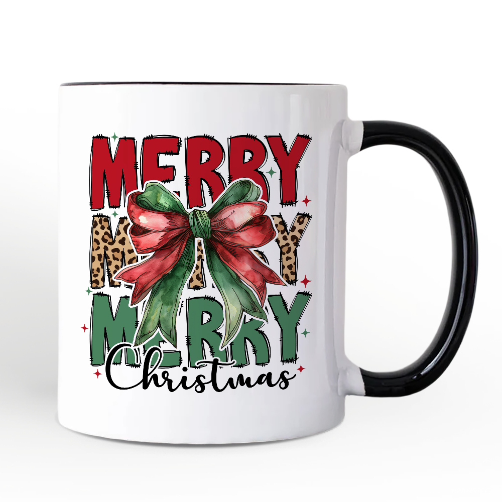 Coquette Merry Christmas Bow Personalized Mug, Festive Leopard Holiday Gift with Custom Name