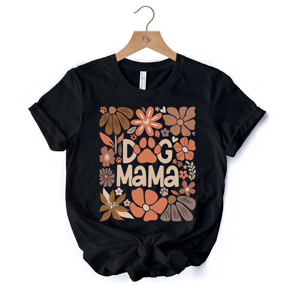 Dog Mama Boho Floral T-Shirt, White and Black Tee for Proud and Stylish Pet Lovers