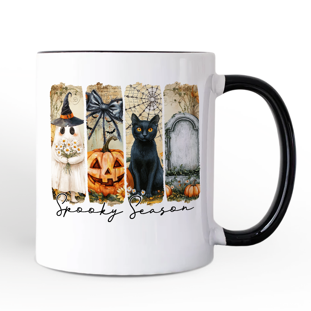 Fall Spooky Season Brushstroke Personalized Mug, Coquette Vintage Ghost, Cat and Pumpkin Gift with Custom Name