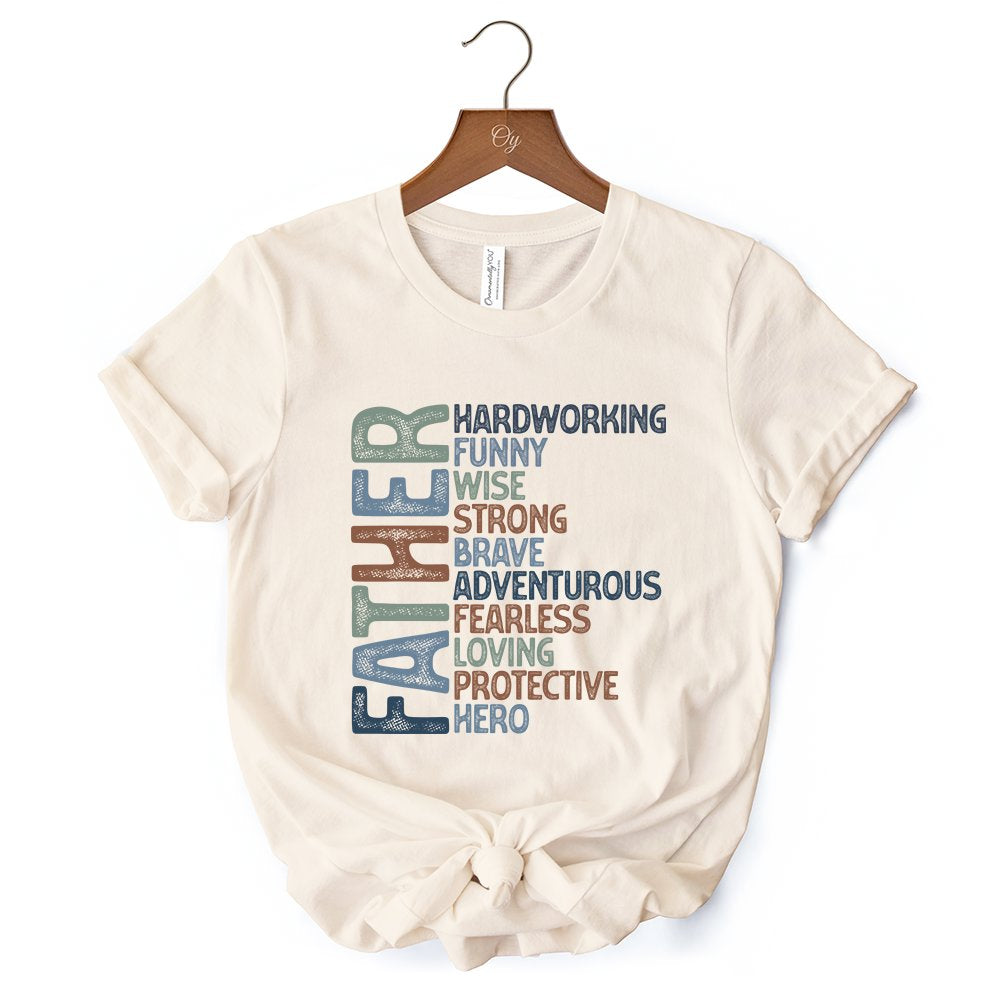 Father Definition T-Shirt, White and Natural Inspirational Tee for Hero Dad