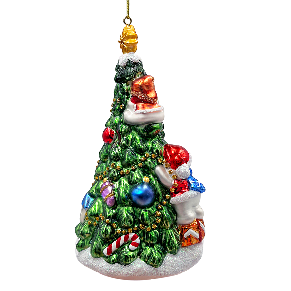 Festive Snowman and Christmas Tree Glass Ornament