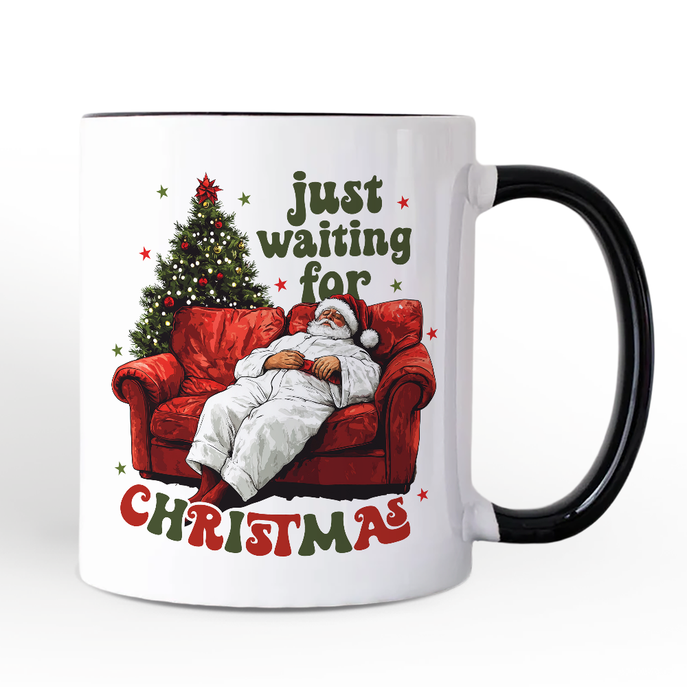 Funny Fat Santa Couch Personalized Mug, Just Waiting for Christmas Gift with Custom Name
