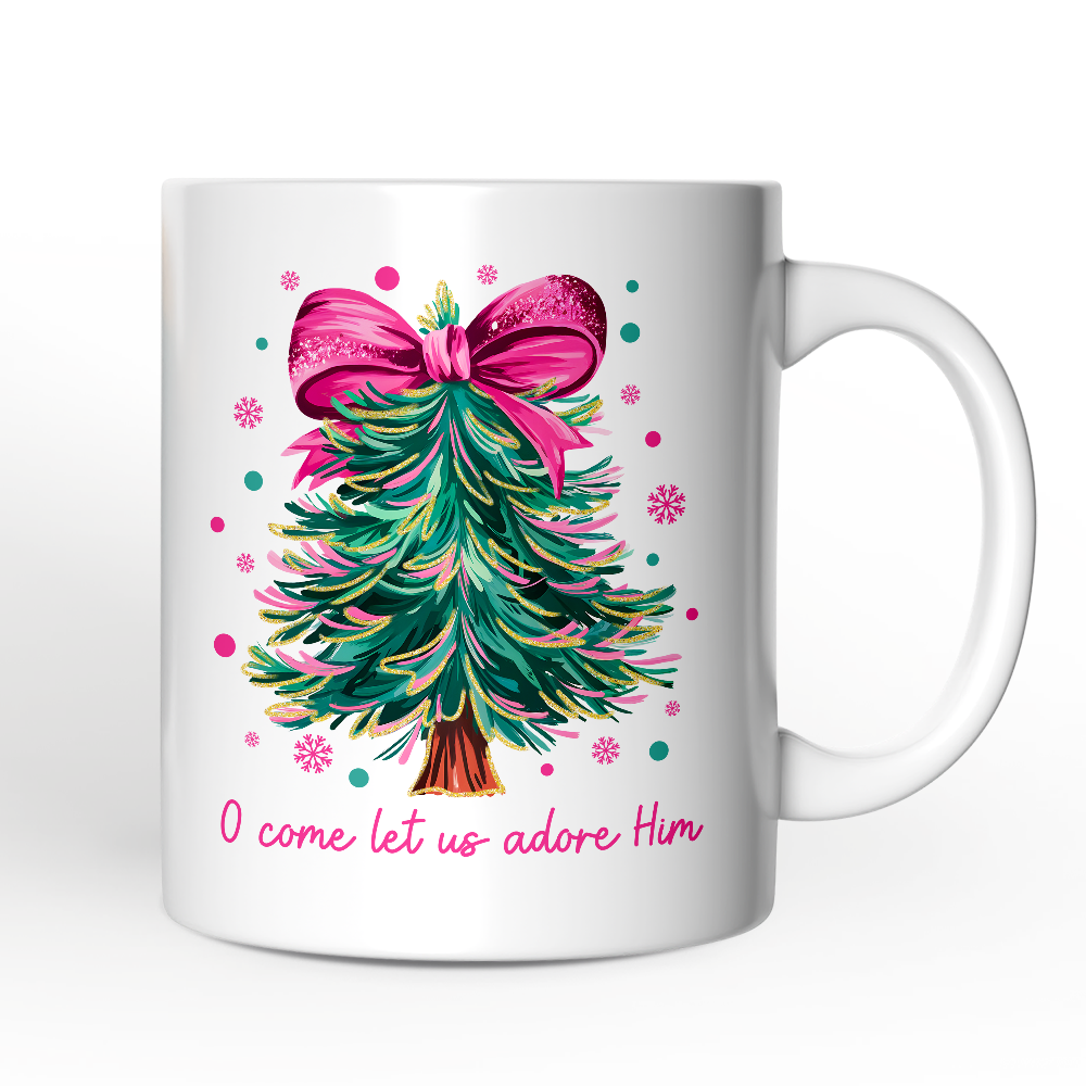 Glitter Christmas Tree Coquette Bow Personalized Mug, O Come Let Us Adore Him Holiday Gift with Custom Name