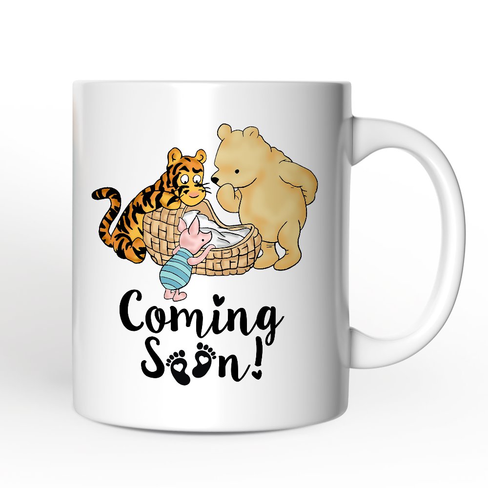 Pregnancy Announcement With Pooh & Tiger Personalized Mug, Coming Soon Gift for Expecting Moms with Custom Name