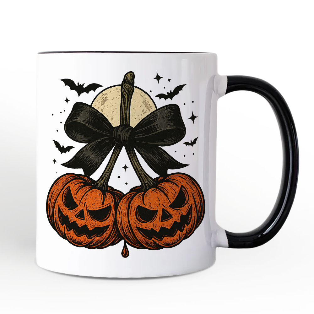 Pumpkin Cherries Coquette Bow Personalized Mug, Retro Halloween Gift with Custom Name