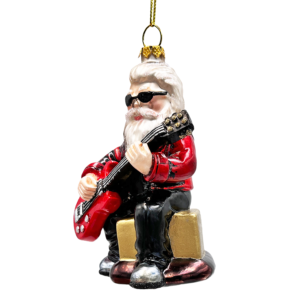 Rock Guitarist Santa Claus Glass Christmas Ornament, Rocker Musician Gift