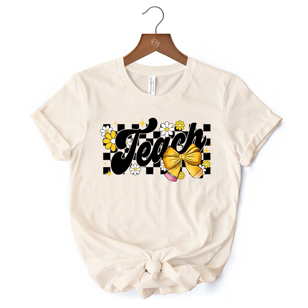 Teach Checkered Coquette Bow T-Shirt, White and Natural Retro Tee for Trendy Teachers