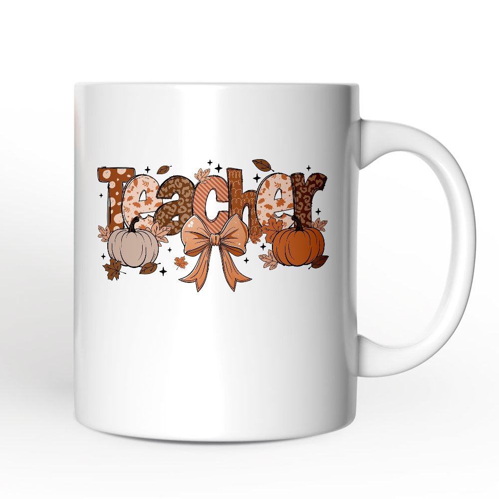 Teacher Coquette Autumn Personalized Mug, Cozy Fall Pumpkin Gift with Custom Name