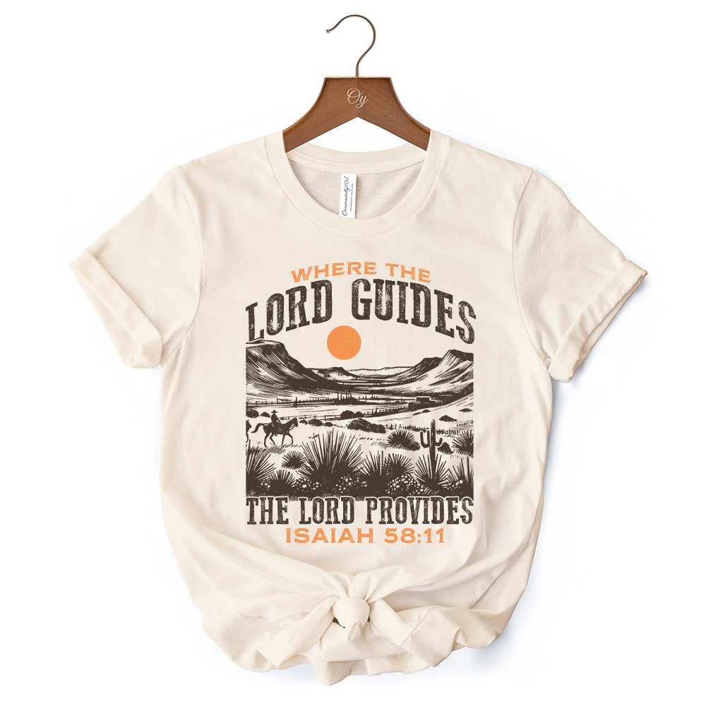 The Lord Provides Christian T-Shirt, Retro Western Desert Worship White and Natural Tee