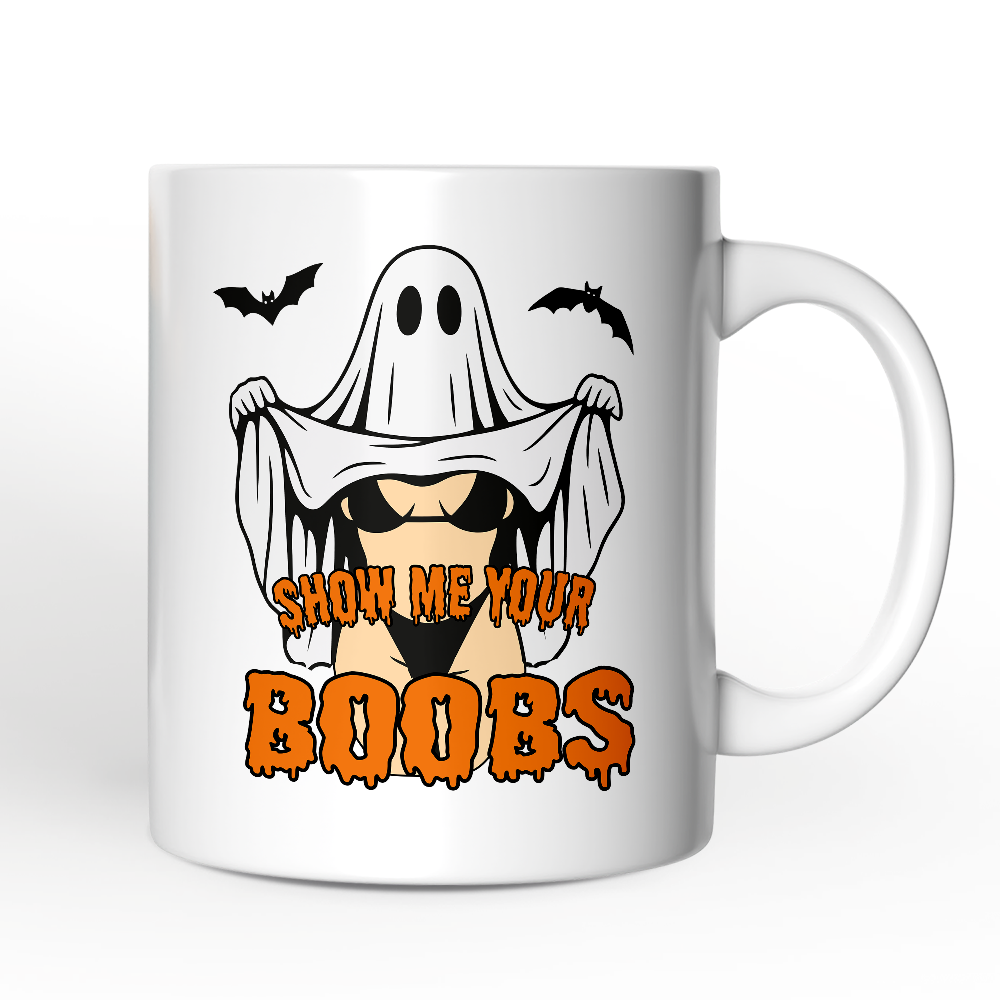 Show Me Your Boobs Halloween Personalized Mug, Funny Naughty Pun Ghost Gift with Custom Name
