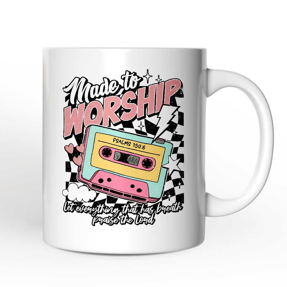 Made to Worship Christian Retro Personalized Mug, Psalm 150:6 Bible Verse Gift with Custom Name