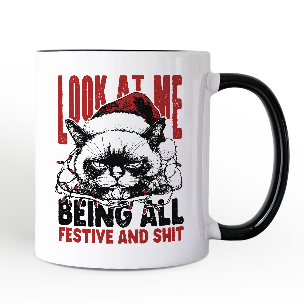 Grumpy Christmas Cat Personalized Mug, Funny Santa Hat Holiday Lights Gift for Sarcastic Festive People with Custom Name