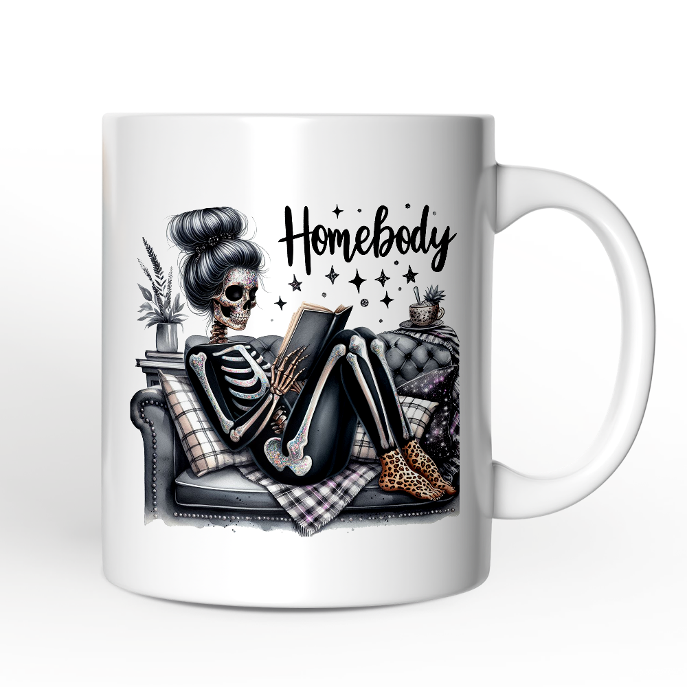 Homebody Reading Skeleton Personalized Mug, Funny Lazy Selfcare Gift with Custom Name