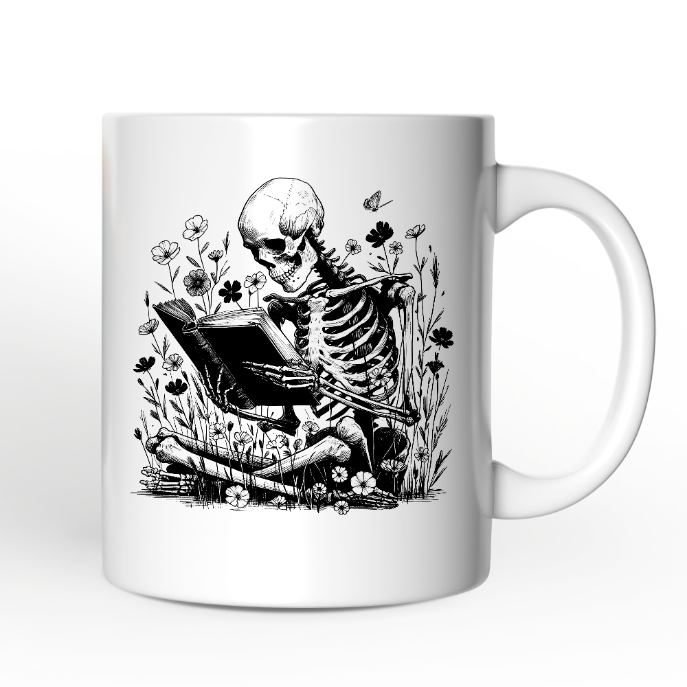 Gothic Reading Skeleton Personalized Mug, Floral Halloween Gift with Custom Name