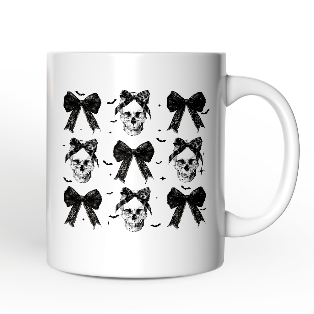 Coquette Skulls and Bows Personalized Mug, Gothic & Stylish Halloween Gift with Custom Name