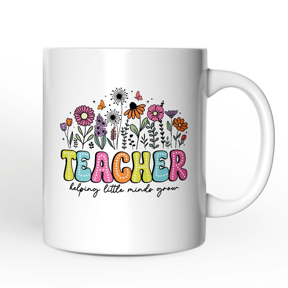 Helping Little Minds Grow Teacher Personalized Mug, Floral Appreciation Gift with Custom Name