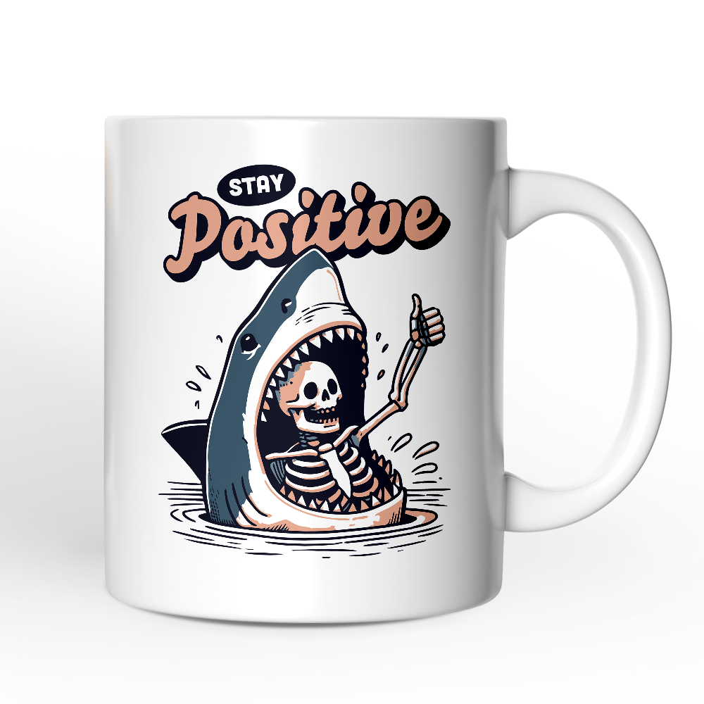 Stay Positive Funny Shark and Skeleton Personalized Mug, Mental Health Motivational Gift with Custom Name