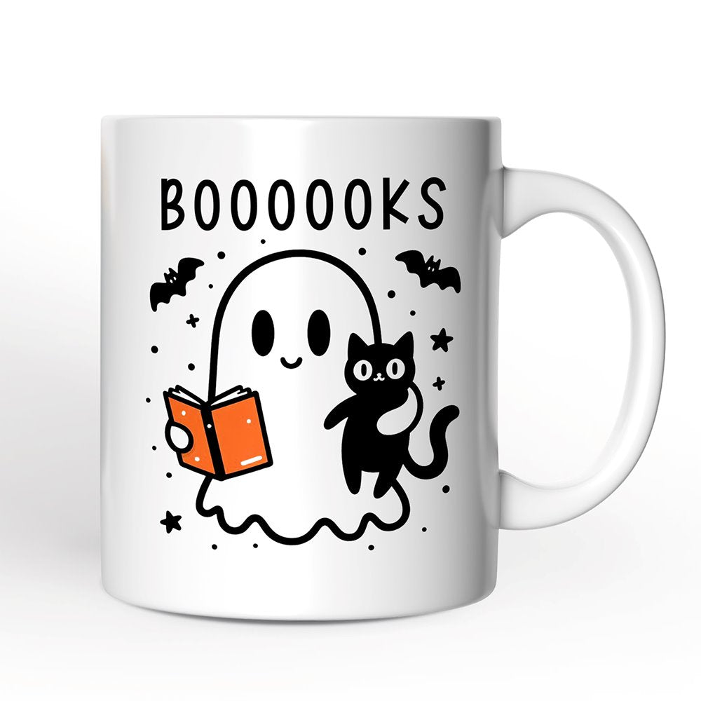 Boooooks and Purrs, Personalized Halloween Mug, Cute Books and Cats Lover Ghost Gift with Custom Name