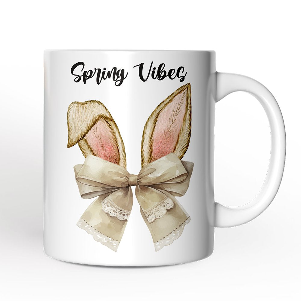 Coquette Bow Bunny Ears Personalized Mug, Aesthetic Spring Vibes Gift With Custom Name