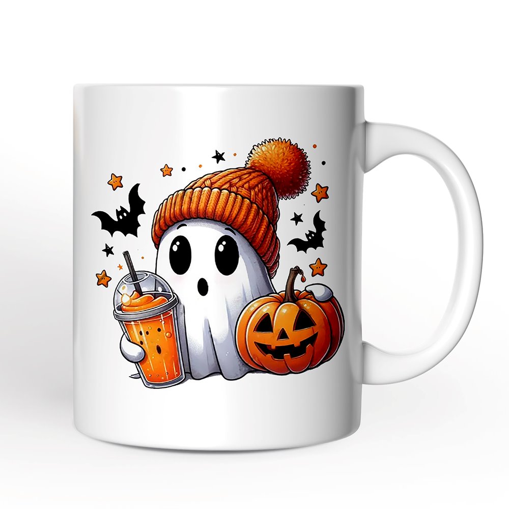 Cute Ghost with Coffee Drink, Personalized Halloween Mug, Fun Boujee Gift with Custom Name