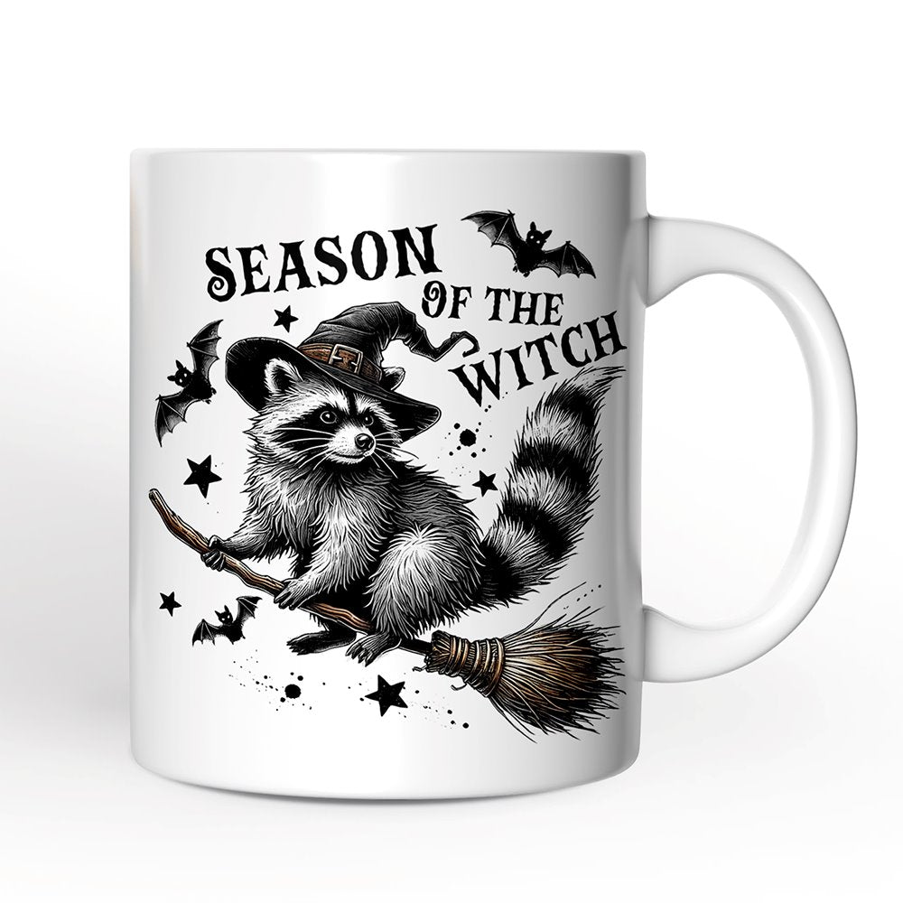 Funny Racoon Witch with Broom Personalized Mug, Vintage Halloween Gift with Custom Name