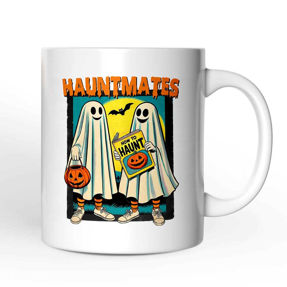 Funny Retro Ghosts Hauntmates Personalized Mug, Vintage Best Friend Halloween Gift with Custom Names