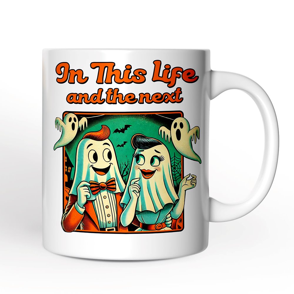Retro Ghost Lovers Through Next Lives, Personalized Mug, Vintage Halloween Custom Gift for Couples