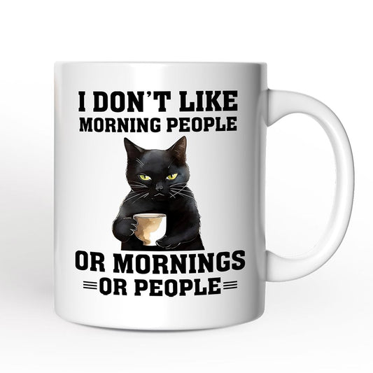 I Don't Like Morning People Personalized Mug, Sarcastic Black Cat Lover Gift With Custom Name
