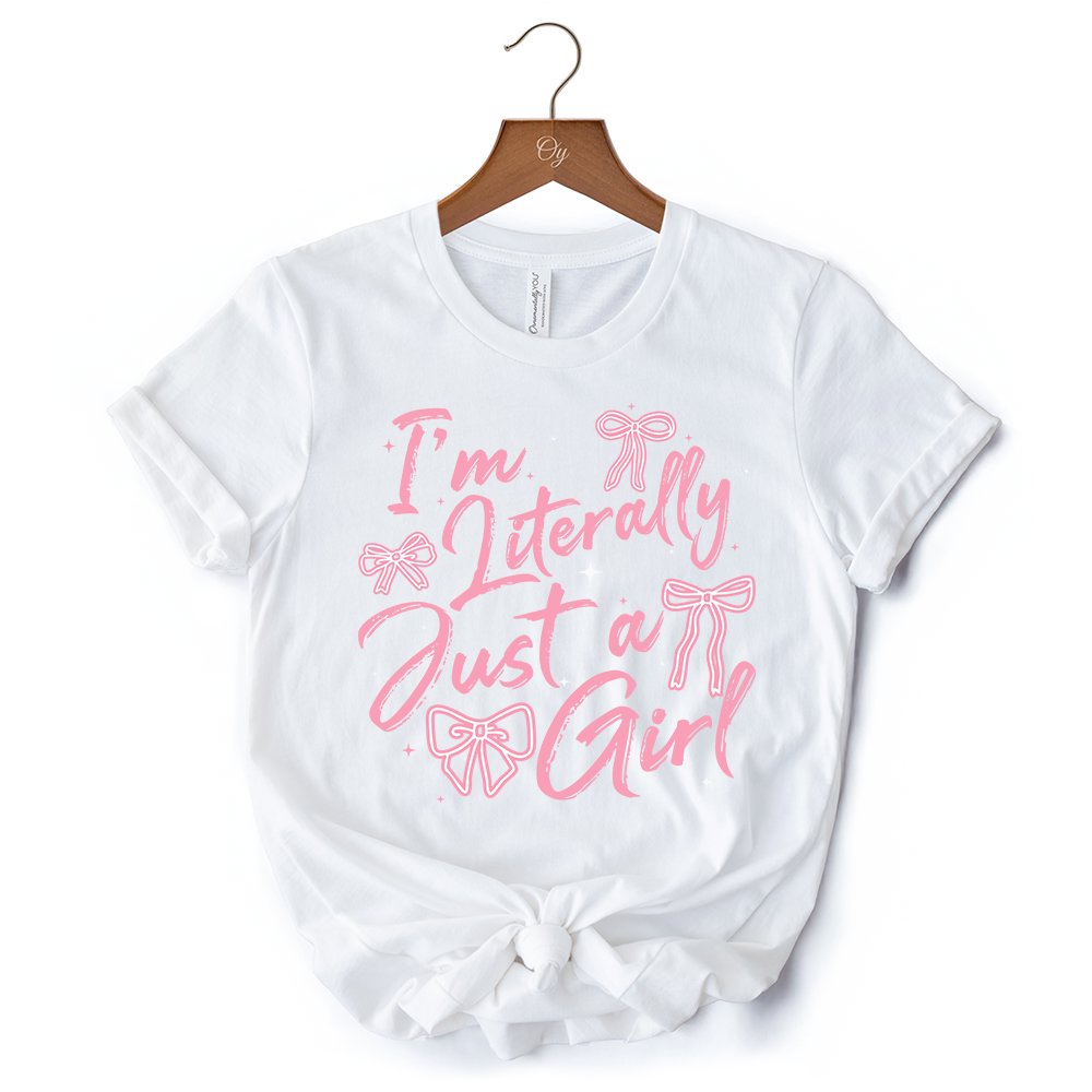 I'm Literally Just a Girl T-Shirt, Trendy White and Black Coquette Bow Tee for Girly Aesthetics