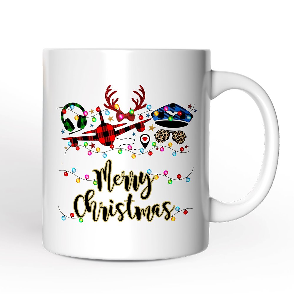 Personalized Mug Airplane Pilot Buffalo Plaid Christmas, Flight Aircraft Crew Gift Holiday Decoration
